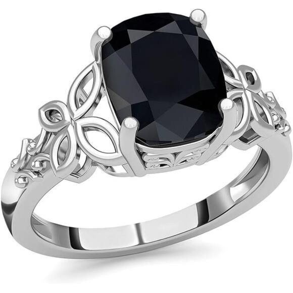 Black Tourmaline Ring in 925 Sterling Silver -October Birthstone Rings for Women - Picture 1 of 7